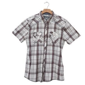 BKE Shirt Mens XL White Brown Tailored Fit Plaid  Short Sleeve Pearl Button